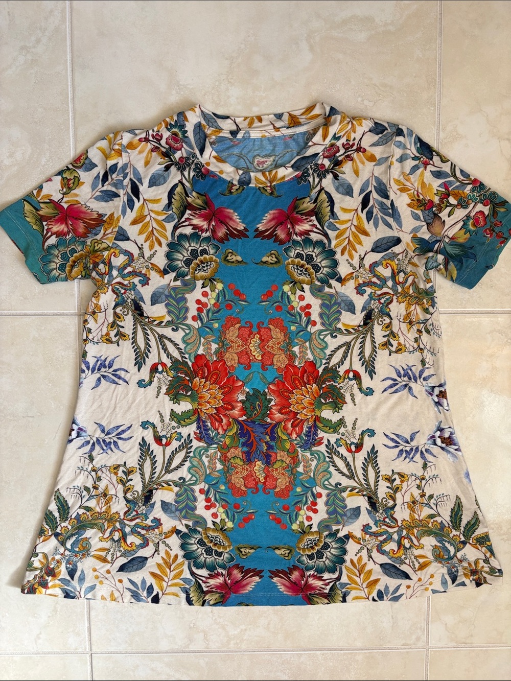 Johnny Was Blue Multi Floral Short Sleeve Tee - Picture 3 of 10